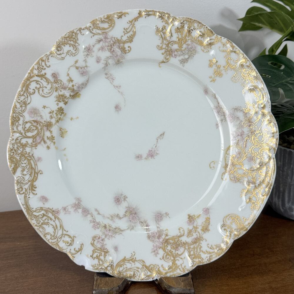 Antique Haviland & Co. Limoges France Collector Plate Pink Floral Gold Scalloped